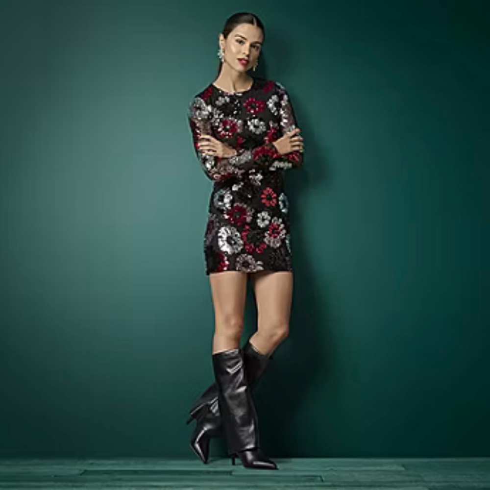 Black and Red Sheath Mini Dress with Long Sleeves. With all Sequins